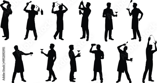 Bartender cocktail mixing silhouettes set, professional barman preparing drinks flat vector illustration isolated collection design