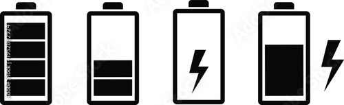Battery charge level icons set with lightning symbol isolated on white background energy status indicator vector illustration collection