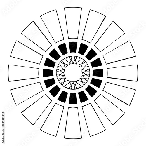 This image features a striking black and white illustration of a circular design with intricate geometric patterns. The symmetrical composition showcases a blend of shapes and forms, creating 