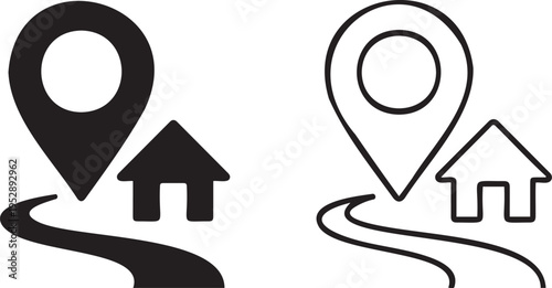 Set of 2 Location and Home Road Map Icons Vector, Black and White Outline and Solid Fill Style for Navigation, Address, and Real Estate