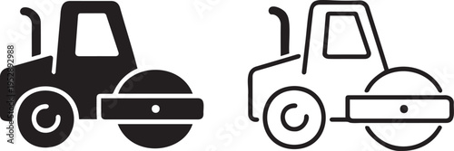 Set of 2 Road Roller Icons Vector: Black Solid Glyph and Outline Style for Construction, Paving, and Heavy Machinery Design Elements