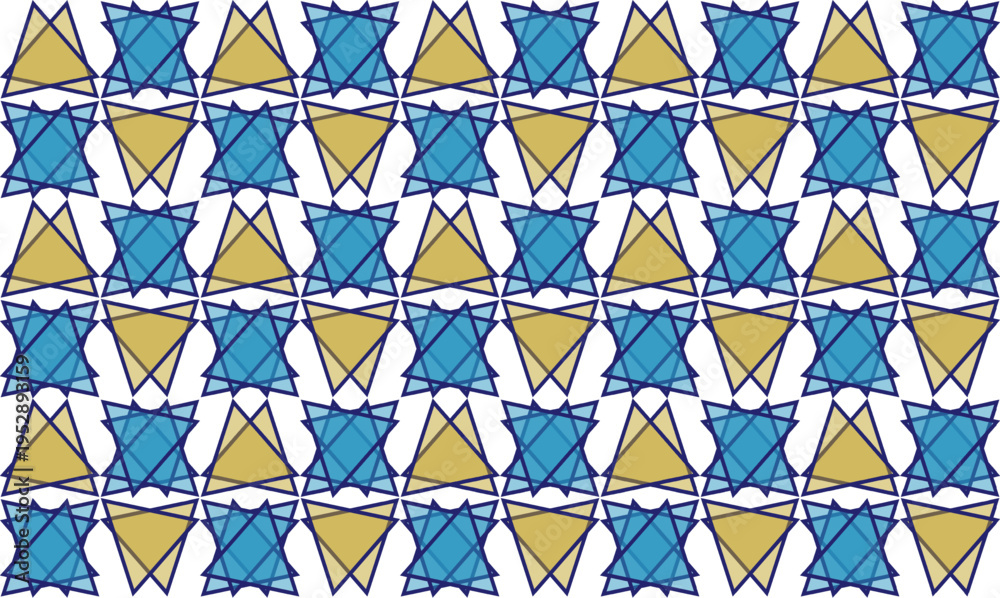 Fototapeta premium blue and yellow triangle and star with border hexagons pattern, Abstract Seamless geometric pattern with blue stars background, blue diamond dot, repeat star pattern design for fabric printing, star