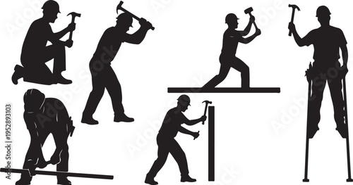 Silhouette of a man performing various construction tasks with a hammer