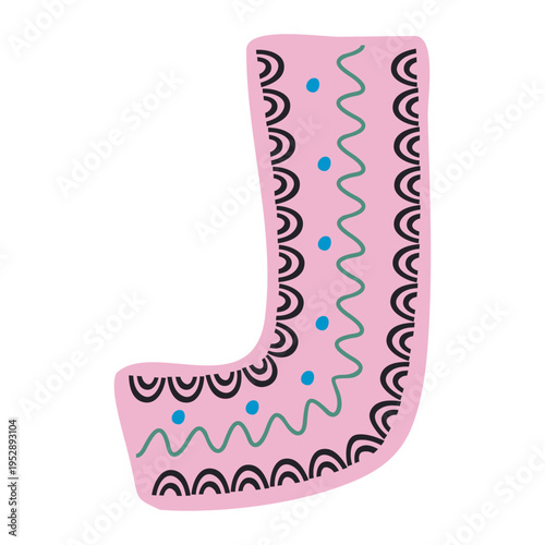 Scandinavian style alphabet J with floral motifs as decoration, zoo and nature nuances, and hand-drawn colored letters, png transparent background