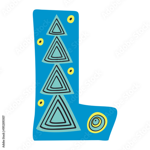 Scandinavian style alphabet L with floral motifs as decoration, zoo and nature nuances, and hand-drawn colored letters, png transparent background