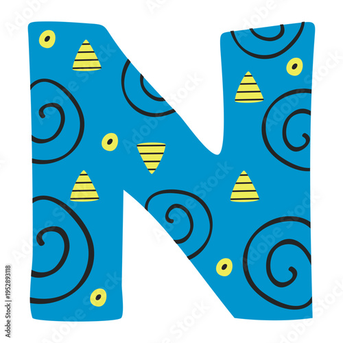 Scandinavian style alphabet N with floral motifs as decoration, zoo and nature nuances, and hand-drawn colored letters, png transparent background