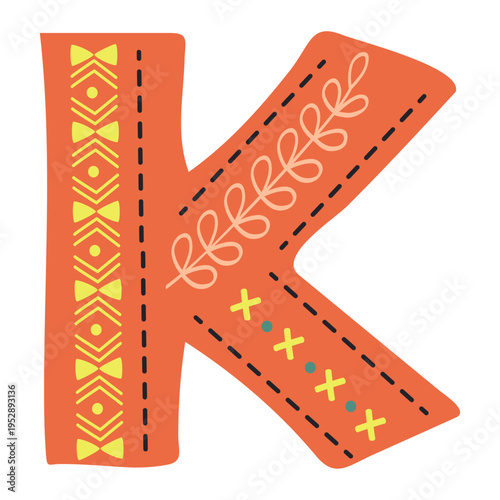 Scandinavian style alphabet K with floral motifs as decoration, zoo and nature nuances, and hand-drawn colored letters, png transparent background
