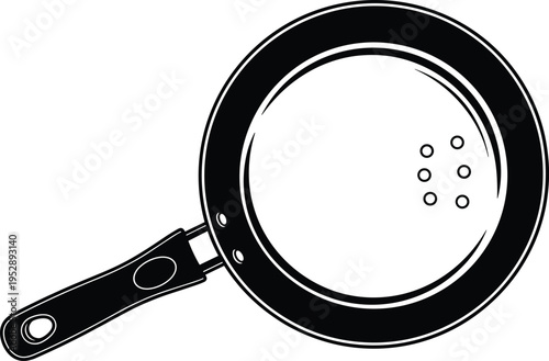 Black and white vector illustration of frying pan viewed from above with circular cooking surface, handle on left side, and six round food elements inside