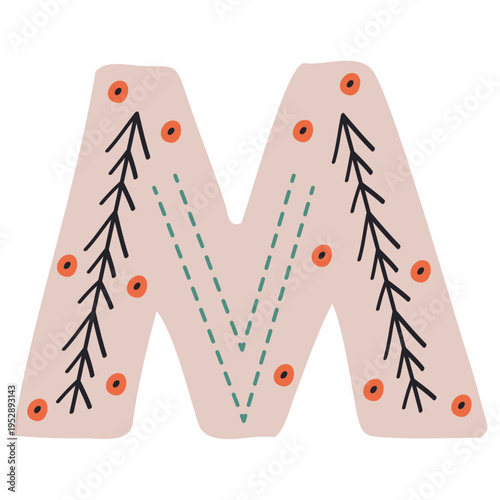 Scandinavian style alphabet M with floral motifs as decoration, zoo and nature nuances, and hand-drawn colored letters, png transparent background