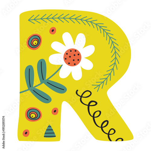 Scandinavian style alphabet R with floral motifs as decoration, zoo and nature nuances, and hand-drawn colored letters, png transparent background