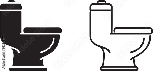 Set of 2 Toilet Icons Vector: Modern Bathroom Fixture Symbol in Solid Black and Outline Style for Plumbing and Restroom Design