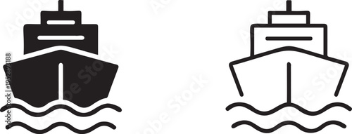 Set of 2 front-view ship icons vector, featuring a solid black and an outline design, depicting a boat sailing on wavy water, ideal for transportation and travel themes.