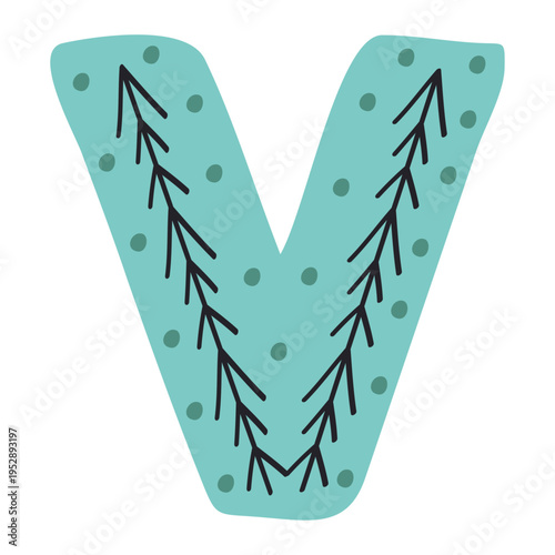 Scandinavian style alphabet V with floral motifs as decoration, zoo and nature nuances, and hand-drawn colored letters, png transparent background