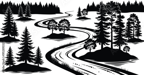 Forest landscape silhouette with winding road, pine trees and woodland scenery vector illustration, natural countryside environment background isolated for nature design