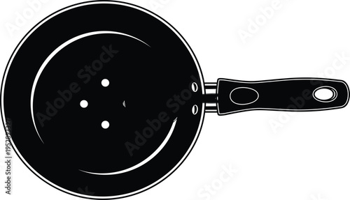 Black and white vector illustration of frying pan viewed from above with circular cooking surface, rivet details, and long handle featuring hanging hole design