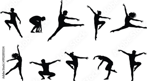 Dancer silhouette collection featuring male and female ballet and contemporary dance poses, jumping and artistic movement figures isolated in black for performance, choreography and art design