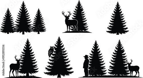 Forest pine tree silhouettes collection, wildlife scene with deer owl and hunter, woodland nature landscape vector set isolated for wilderness design