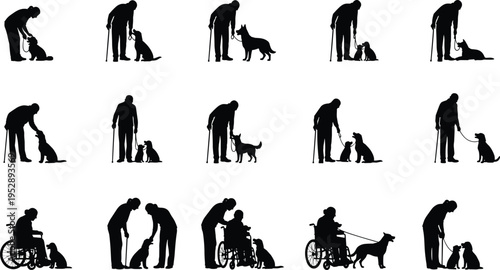 Elderly people with dogs silhouettes collection showing senior men and women walking, training and caring for pets including wheelchair owners isolated vector illustration set
