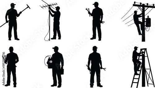 Electrician worker silhouettes set with technicians installing repairing electrical systems power lines maintenance service isolated on white background vector illustration collection