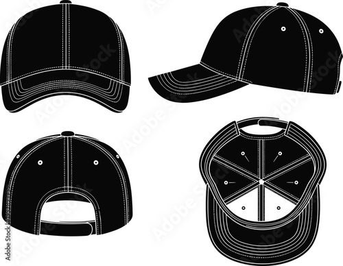 Detailed vector illustration of baseball cap shown from front, side, back, and bottom views, highlighting brim, stitching, panels, ventilation, and adjustable strap design