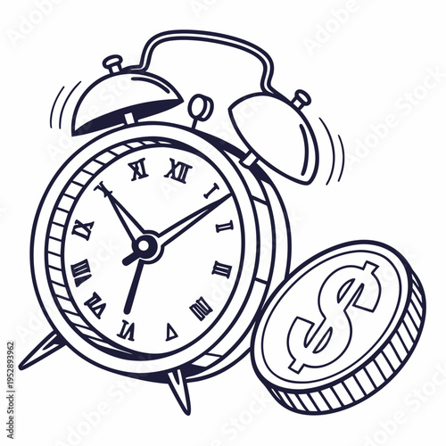 An alarm clock next to a coin with a dollar sign