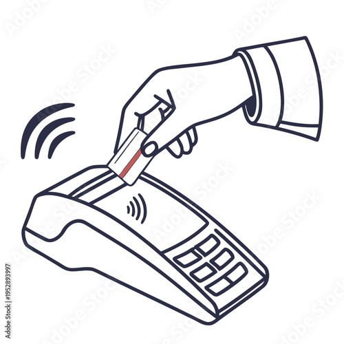 Hand holding a credit card near a payment terminal