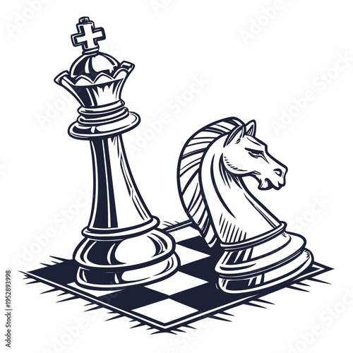 A queen and knight chess piece on a chessboard