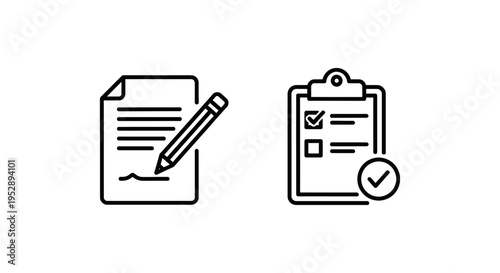 Simple line icons for content assignment and task completion, with pencil writing on paper and checklist with checkmark on clipboard