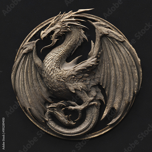 Dragon logo, high relief stone carving.
