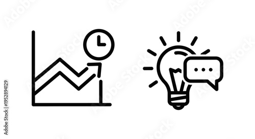 Business concept icons: a line graph showing upward trend with clock for real-time bi, and a lightbulb with speech bubble for live insights