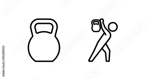 Icons for fitness and exercise: a kettlebell and a stick figure performing a kettlebell swing, symbolizing strength training