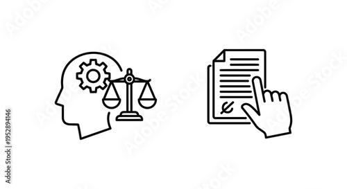 Icons illustrating AI accountability with brain, gears, and scales of justice, and decision responsibility with hand signing document