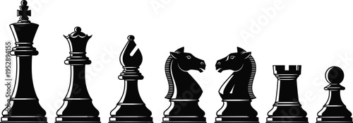 Silhouette illustration of chess pieces including king, queen, bishop, knights, rook, and pawn, highlighting hierarchy, strategy, competition, and classic board game design