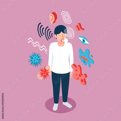 Illustration depicting a person experiencing sensory overload, with visual and auditory elements.