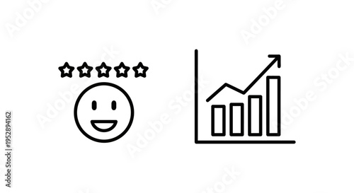 Customer satisfaction and csat score icons: happy face with stars and upward trending graph - business concept