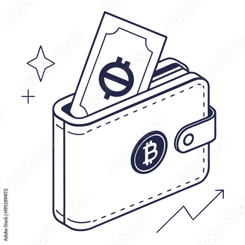 A wallet with a bitcoin and a banknote