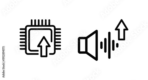 Update icons: chip with upload arrow and volume icon with sound waves indicating sound update