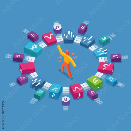 An abstract illustration of a person dancing in a circle of musical elements.
