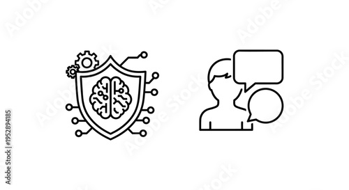 Ai consent management and user consent icons: shield with brain and person saying ok yes