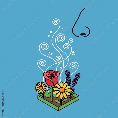 Illustration depicting a nose inhaling floral fragrance with various flowers and scent trails.