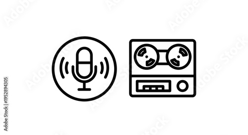 Microphone icon and reel-to-reel tape recorder icon, symbolizing audio recording and sound technology