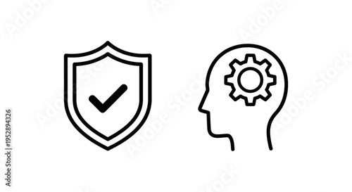 Shield with checkmark icon and head with gear icon, representing code of conduct and technology AI