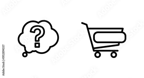 Question mark in speech bubble and shopping cart with buy now button, symbolizing decision making and purchase intent