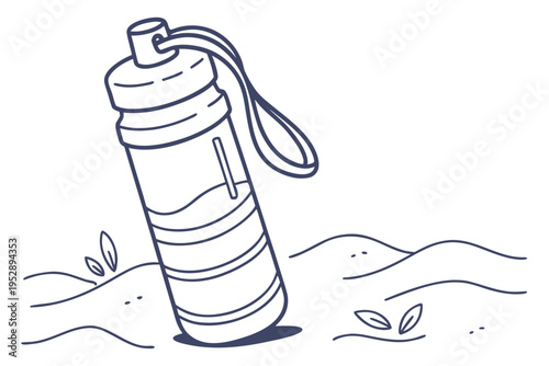 A water bottle on the beach with sand and plants