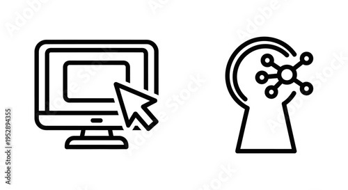 Computer with cursor pointing at screen and abstract mind network icon, representing digital interaction and artificial intelligence concepts, line art