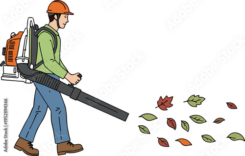 Gardener using backpack leaf blower cleaning autumn leaves, landscaping maintenance worker clearing yard, outdoor garden equipment vector illustration