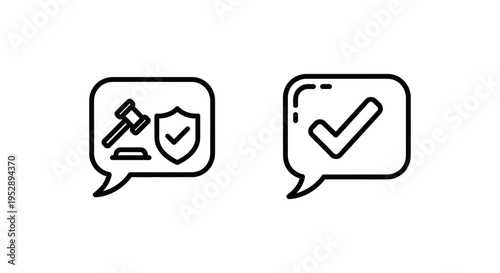 Speech bubbles with icons for review moderation and approval, symbolizing legal judgment, protection, and successful completion of tasks