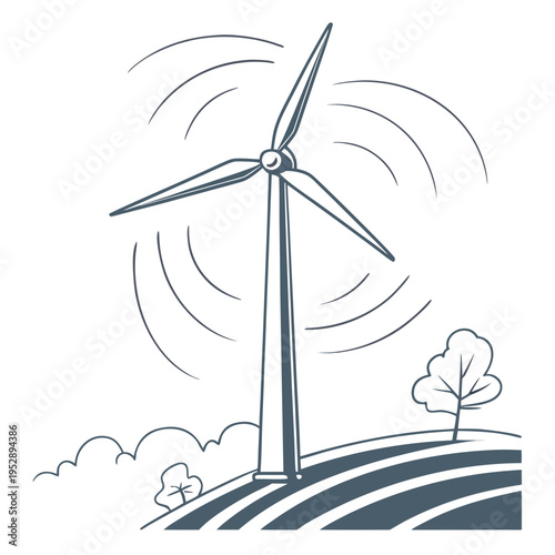A wind turbine on a hill with a tree