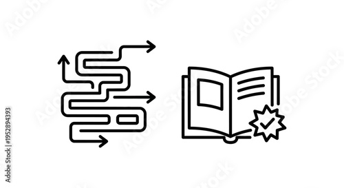 Winding path arrow icon and open book with checkmark, representing onboarding process, welcome guide, and successful completion for new users