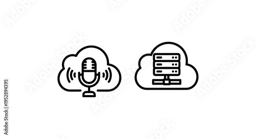 Cloud icons with microphone for podcast hosting and server rack for hosting, symbolizing digital audio content creation and web infrastructure
